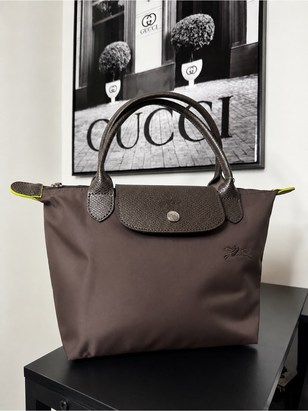 Longchamp Le Pliage Large Brown Tote with Leather Trim